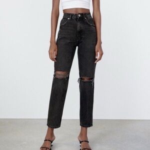 Zara (6) black classic fit high waist straight leg mom denim jeans